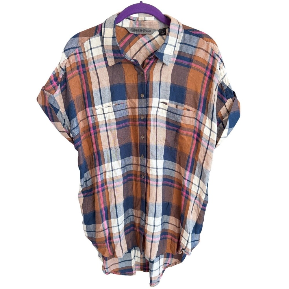 Harley-Davidson Womens L Blue Brown Plaid Cap Sleeve Button Shirt Western Biker
